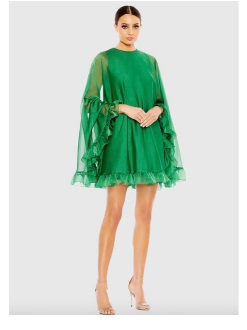 MAC DUGGAL Dress Size 4 Mini Cocktail Green High Neck Ruffle Hem Cape NEW